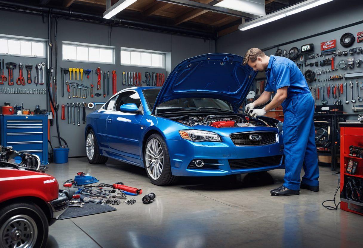 An engaging scene of a mechanic working on a car in a modern garage, surrounded by tools, engine parts, and high-tech diagnostic equipment. Include an open car hood showcasing intricate engine components, while a colorful infographic on automotive maintenance hangs on the wall. The atmosphere should feel dynamic and informative, inviting readers to dive into the world of car care. super-realistic. vibrant colors. 3D.