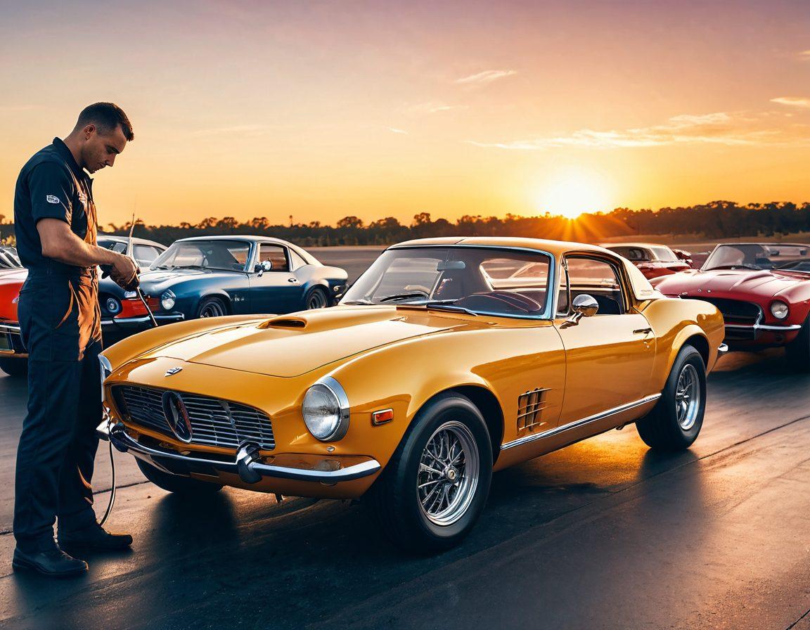 A split image showcasing a mechanic lovingly caring for a classic car on one side, and on the other side, a dynamic race car speeding along a track, emphasizing the journey from care to performance. Include tools, parts, and a workshop environment in the background. The sky transitions from sunny to a dramatic sunset, symbolizing the evolution. super-realistic. vibrant colors.